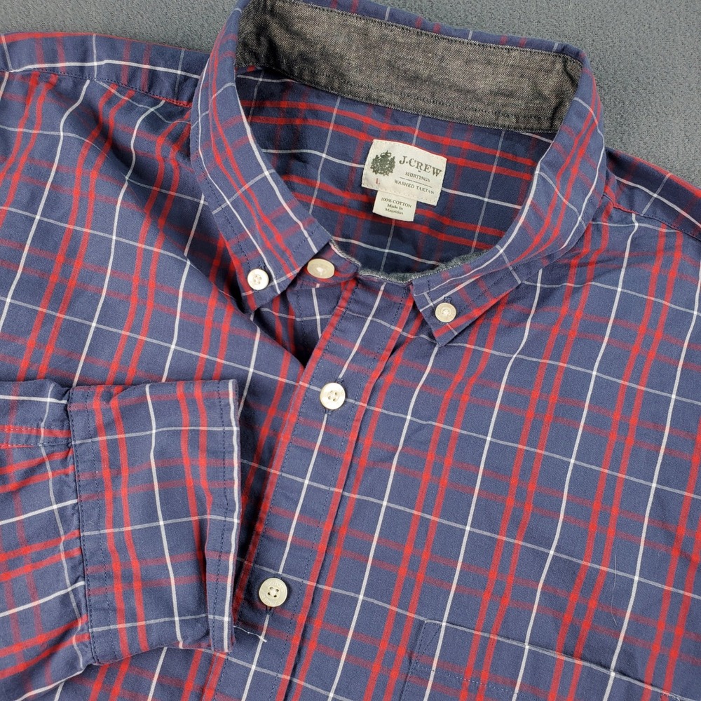 J Crew Mens Plaid Button Down Shirt Long Sleeve Red Blue Washed Tartan L